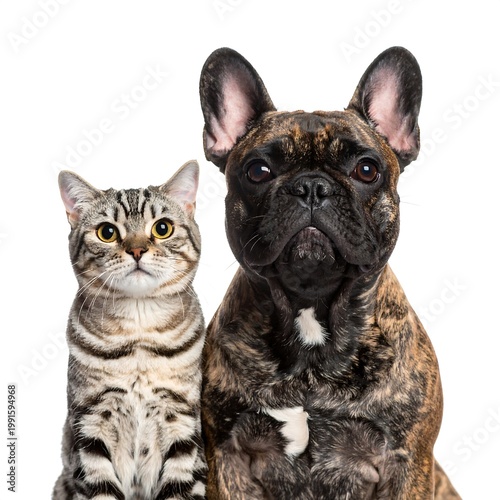 Brindle French Bulldog And Grey Tabby Cat Sitting Together In Studio Portrait Isolated On Pure White Background Looking Directly At Camera