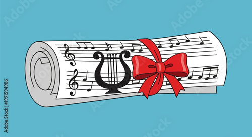 A rolled music sheet scroll decorated with a red ribbon and a lyre icon.
