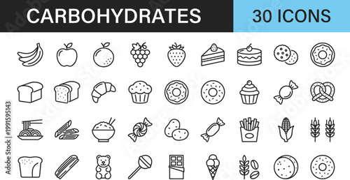30 diverse carbohydrate food icons set in flat design vector illustration
