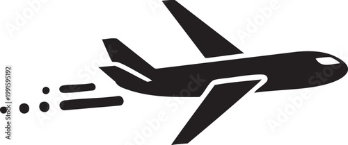 Flying airplane black silhouette icon with speed lines, air travel