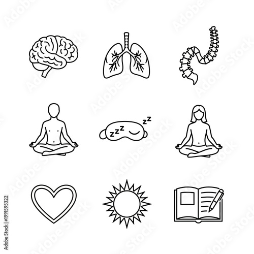 "Health and Wellness Icon Set Featuring Brain, Lungs, Digestion, Heart, Meditation, and Sun"

