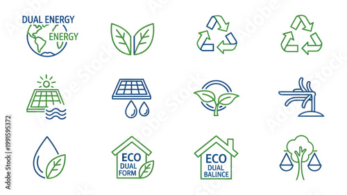 Eco-Friendly Icons: A collection of meticulously crafted icons represents dual energy, emphasizing environmental conservation. Featuring solar panels, water droplets, and recycling symbols.