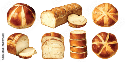 Watercolor set of baked bread loaves sliced sandwich bread and crusty kaiser rolls pastries, isolated on transparent background