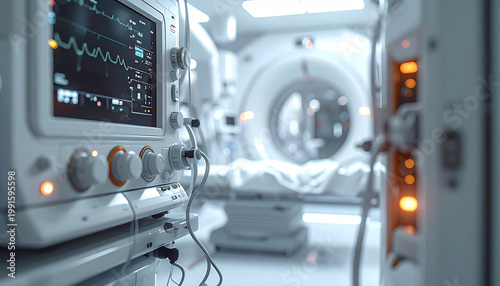 Medical Monitor in the hospital: A close-up view of a medical monitor, displaying vital signs, in a brightly lit hospital room. In the background, a CT scanner.