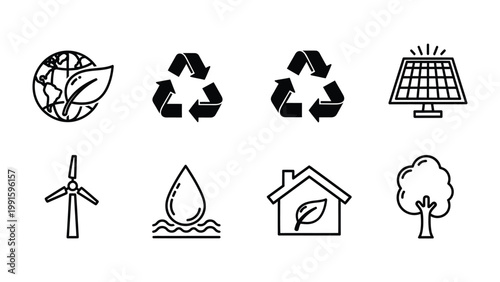 Eco-Friendly Elements: An array of eco-conscious symbols representing vital aspects of sustainability and environmental responsibility, including recycle, solar energy, wind energy, and nature.
