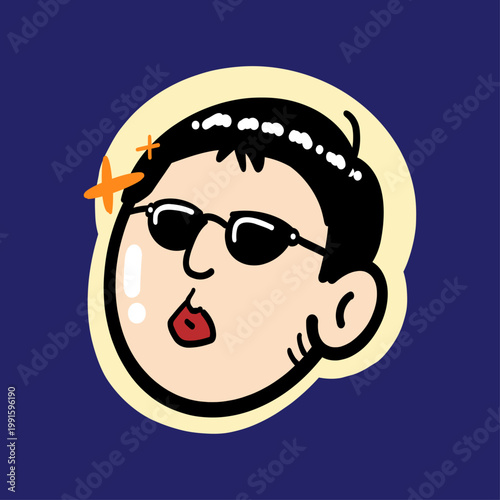 Cartoon Cool Boy Face - Vector illustration of cheeky boy with sunglasses, open mouth, and orange star accents on dark blue background. Ideal for stickers, avatars, emojis, kids content, and fun graph