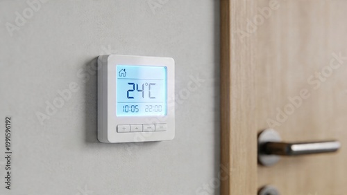 A minimalist close-up, eye-level composition of a sleek modern digital thermostat mounted on a lightly textured pale gray wall