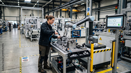 Female technician inspecting electronic circuit board with collaborative robot in smart factory. Human robot collaboration, industrial automation, electronics manufacturing, engineering, Industry 4.0