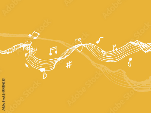Music Notes Wavy Staff - White musical notation and flowing melody lines on solid mustard yellow background. Ideal for music, audio, podcast, and creative design projects