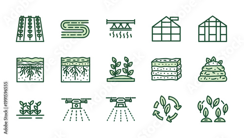 Modern Agriculture Icons: A collection of icons representing various facets of agriculture, from crop rows to greenhouses and innovative drone applications.