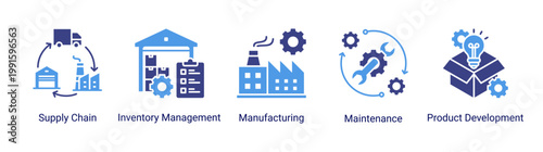 Kaizen manufacturing icon set featuring supply chain,production,and maintenance concepts.Industrial icon set designed for manufacturing,logistics,and production workflow systems.