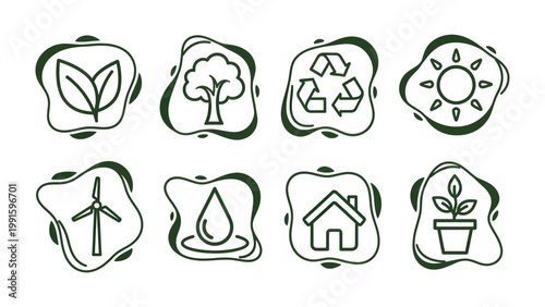 Eco-Consciousness Badges: A collection of environmentally themed icons, symbolizing nature's beauty and the importance of conservation, all displayed within stylized outlines.