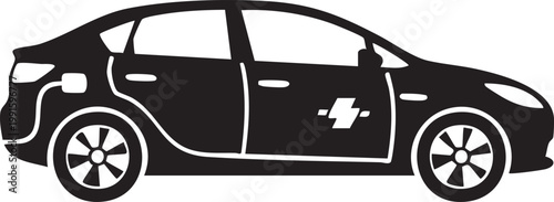 Electric car black silhouette with charging port icon, low emission