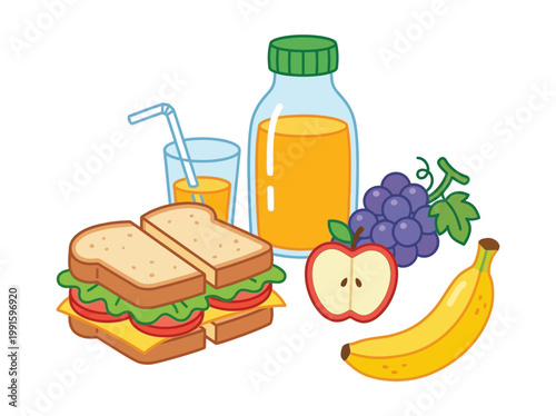 Cartoon Illustration of a Healthy Lunch Meal with Sandwich Fruits and Juice.