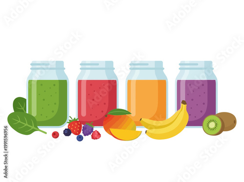 Set of four colorful fruit and vegetable smoothies in glass jars.