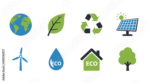 Eco-Icons: Representing environmental consciousness, this collection of eco-friendly icons symbolizes sustainable living and global awareness, ideal for design projects promoting green initiatives.