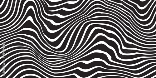 Black and white striped liquid paint effect vector seamless pattern. Wavy psychedelic background of moving liquid. Modern zebra backdrop. Groovy 1970s style.
