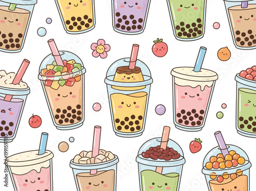 Cute Kawaii Bubble Tea Cups Pattern Design.