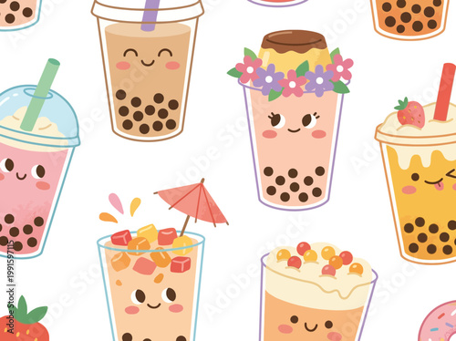 Cute Kawaii Bubble Tea Character Pattern Illustration.
