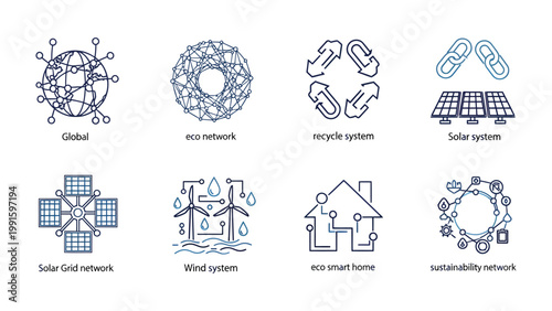 Eco-Friendly Icons: A collection of meticulously designed icons representing sustainable solutions. They communicate the essence of renewable resources.