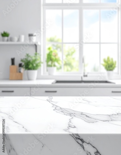 Marble countertop with a blurred kitchen background