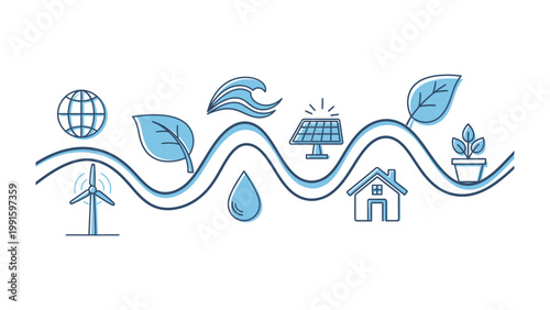 Eco-Friendly Harmony: A stylized illustration showcases a wave of environmental icons, highlighting renewable energy sources and elements, embodying concepts of conservation and sustainability.