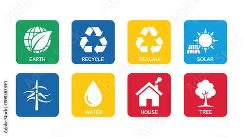 Eco-Friendly Icons: A vibrant collection of eco-friendly icons, illustrating key concepts like recycling, renewable energy, and environmental sustainability.
