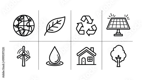 Eco-Friendly Icons: A visual representation of environmental sustainability, showcasing essential symbols such as a globe, leaf, recycling symbol, solar panel, wind turbine, water drop, house.