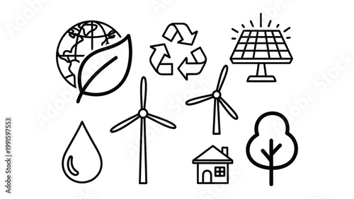 Eco-Friendly Icon Array: An array of eco-friendly icons representing key elements of environmental sustainability and renewable energy, illustrating concepts of nature, conservation, and green living.