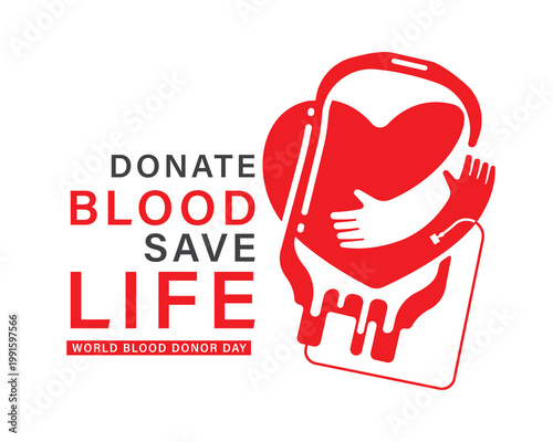 World blood donor day - Donate blood save life text and red hands with give blood and hugs heart cross blood bag sign vector design