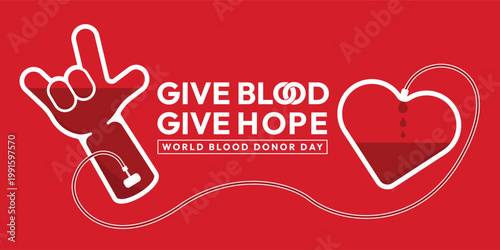 World blood donor day - Love you hand give blood line strean to heart bag on red background vector design