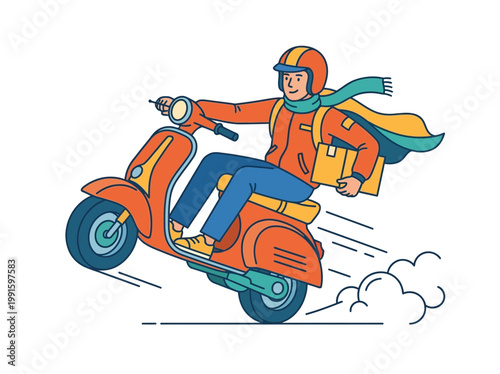 Fast delivery courier riding an orange motor scooter with package.