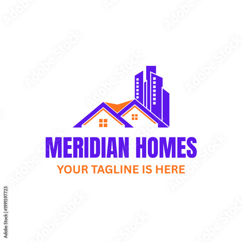 A versatile real estate logo featuring a house silhouette seamlessly integrated with urban high-rise skyscrapers. Perfect for residential, commercial, and property developers.