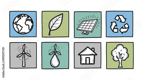 Eco-Friendly Icons: A visual tapestry of eco-friendly symbols, showcasing a commitment to the environment and sustainable living. Symbols like the earth, leaf, solar panel, recycling symbol.