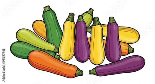 Colorful eggplants and zucchinis illustration.