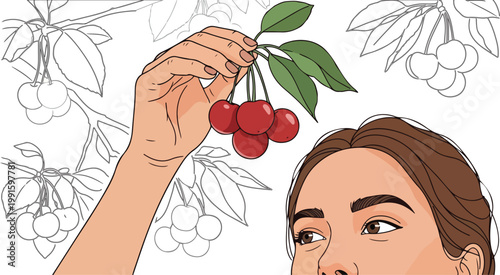 Hand drawn line art of a person harvesting fresh fruits in the garden.