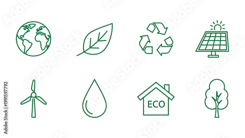 Eco Icons for a Sustainable Future: A collection of clean, green icons symbolizing environmental consciousness and sustainability.