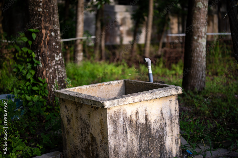 Fototapeta premium Weathered outdoor concrete sink with water pipe in a natural setting, representing basic sanitation, utility infrastructure, and rural living.