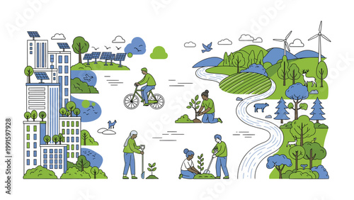 Eco-Friendly World: Depicting a harmonious ecosystem with elements of sustainability, this artwork illustrates the beauty of conservation and sustainable living, featuring solar panels, wind turbines.