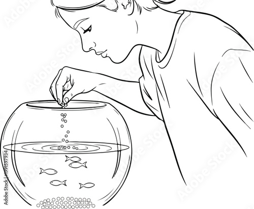 Line art of a girl feeding small fish in a glass fishbowl.
