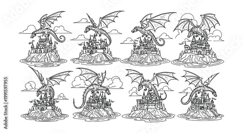 Line art illustration of dragons with castles on islands in the clouds