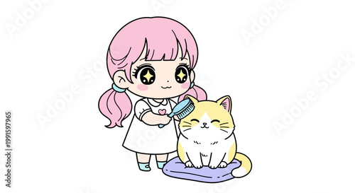 Girl brushing happy orange cat.
