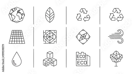 Eco Icons: A set of minimalist line icons representing key elements of environmental conservation and sustainability, conveying a message of environmental responsibility and awareness.