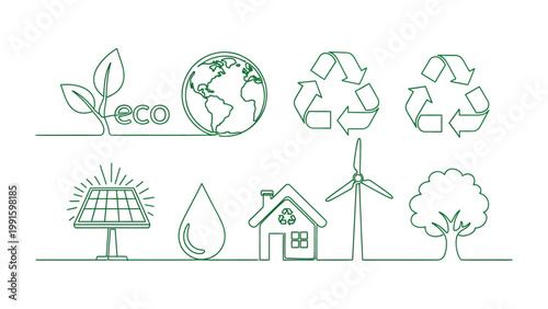 Eco-Friendly Elements in Line Art: A set of elegant line art elements illustrating key concepts associated with environmental protection, including renewable energy and sustainability. 