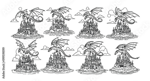 Line art illustration of dragons with castles on islands in the clouds