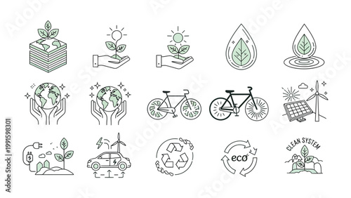 Eco-Friendly Icons: A collection of meticulously crafted icons, each representing a facet of sustainable living and environmental consciousness, from renewable energy to eco-friendly transport.