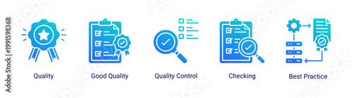 Kaizen quality icon set featuring quality control,inspection,and best practice concepts.Icon set focused on quality assurance,checking,and standardization processes for business and industrial use.