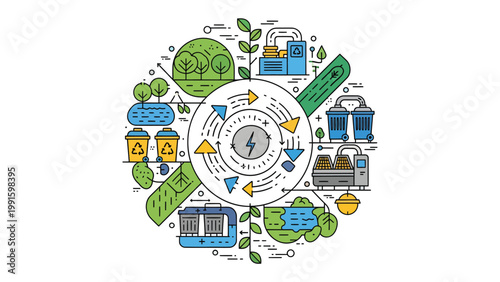 Circular Ecology: An illustration showcasing the cyclical nature of ecological processes, encompassing various elements of environmental sustainability and renewable energy.