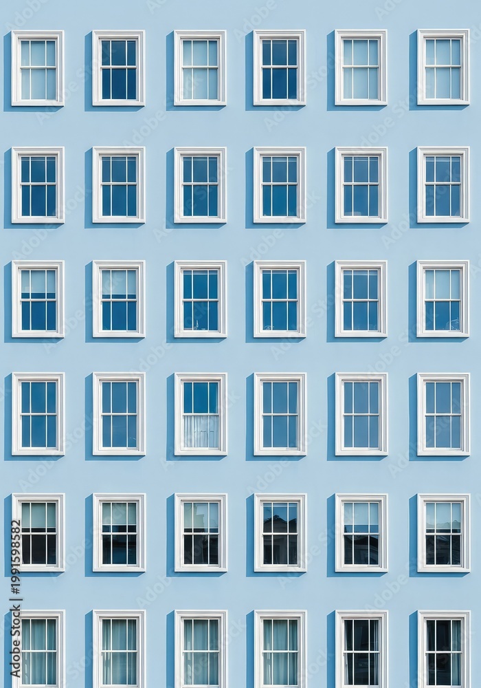 Obraz premium Elegant seamless architectural pattern featuring rows of white windows set against a soft powder blue house facade in a repetitive design, aesthetic, blue, construction