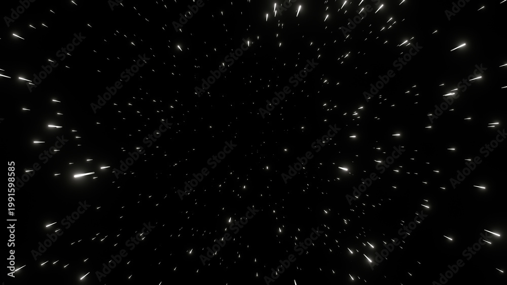 Fototapeta premium White stars flying towards the camera on a black background creating a warp speed effect